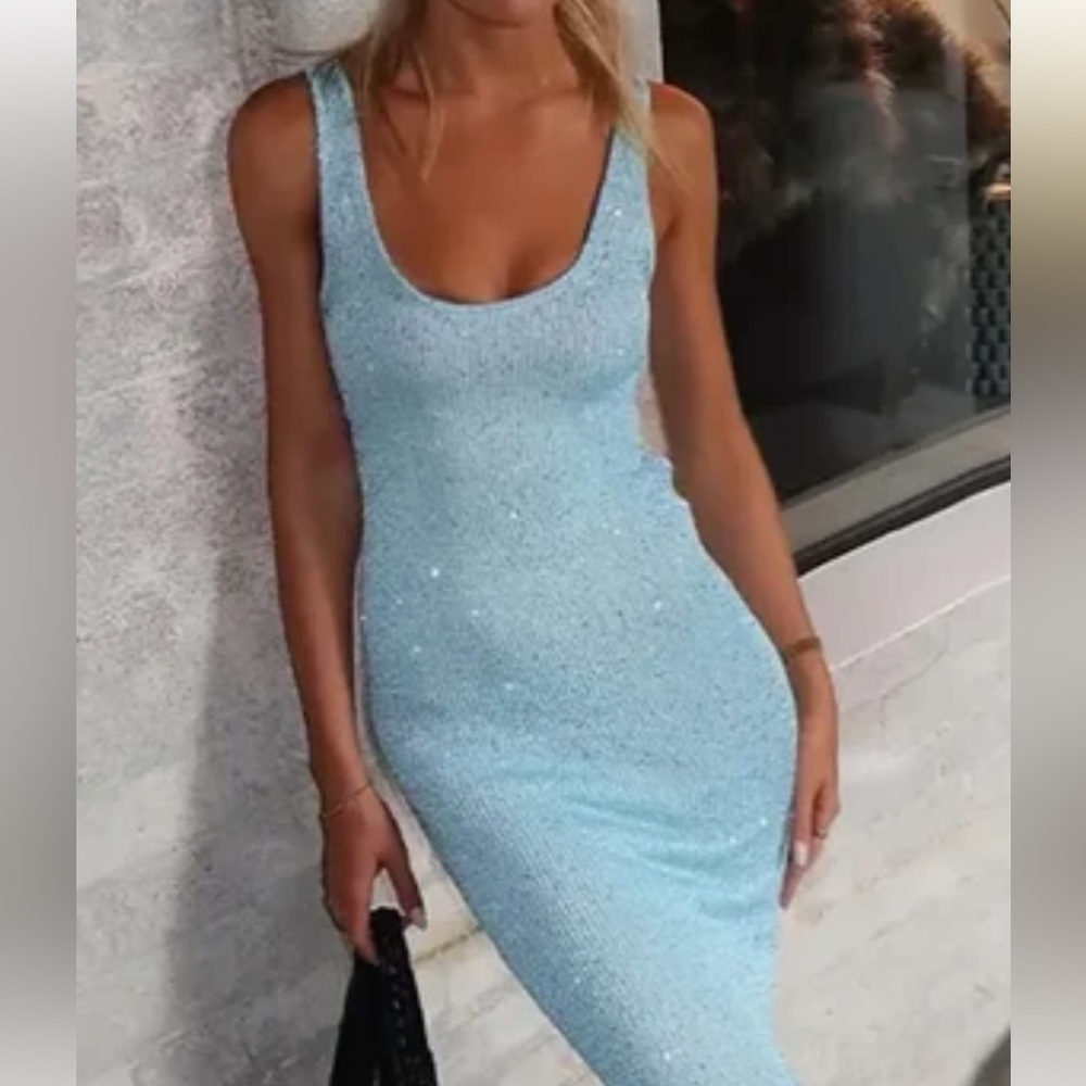 Blue sequin knitted maxi dress